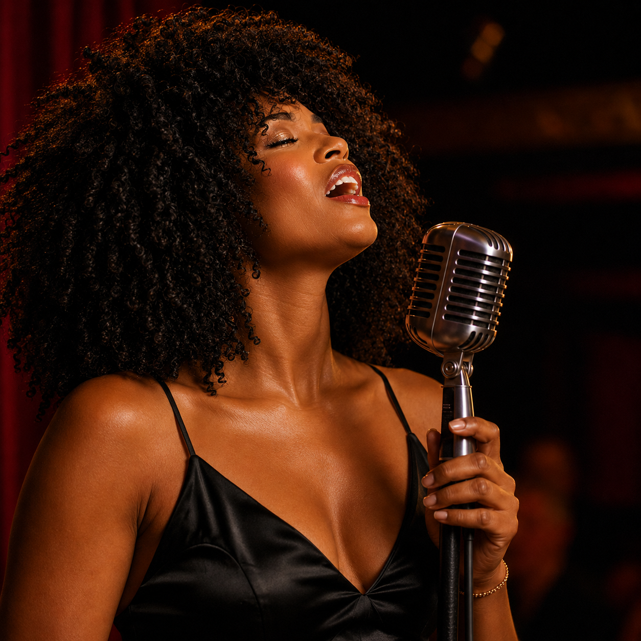 Marva Shirley Livingston singing into a vintage microphone